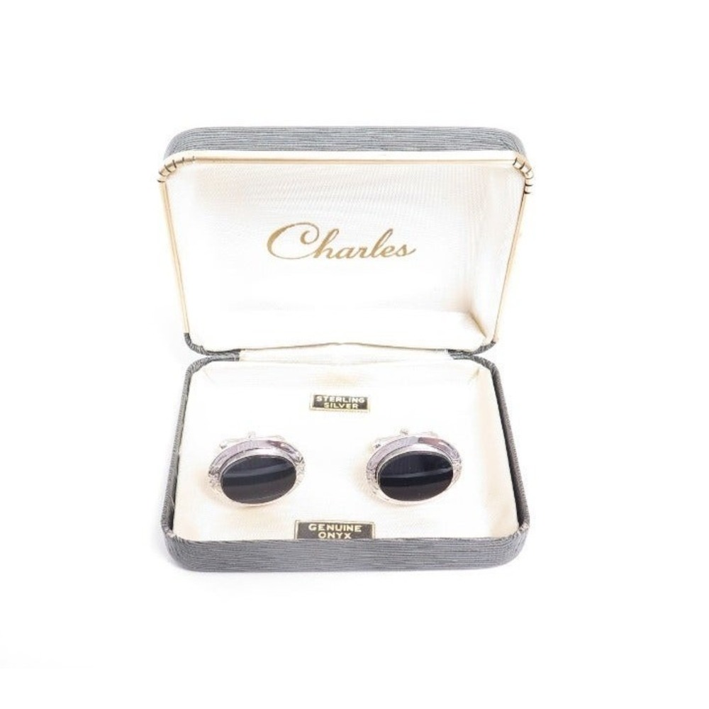 Vintage Black‎ Onyx Signed Sterling Silver Cufflinks Old Stock Original Box